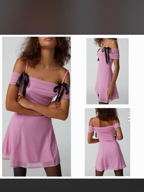 Kimchi Blue Pink Off-Shoulder Mini Dress with Black Ribbon Bows